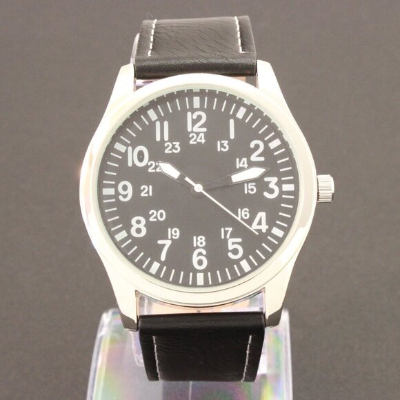 Men's Quartz Field Watch Silver Case Black Leather Strap 42mm - Picture 3 of 12